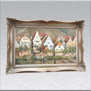 unleserlich signiert: Häuserzeile (an der Mosel?) Ölgemälde, gerahmt, mit Barockrahmen, 96 cm x 79 cm, 890,- €