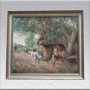 Grete Thiele (Brhv.): Dorfschmiede (1963) Ölgemälde, gerahmt, 60 cm x 69 cm, 490,- €