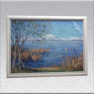 unsigniert: Seenlandschaft mit verschneiten Bergen Ölgemälde, gerahmt, 71 cm x 97 cm, 490,- €